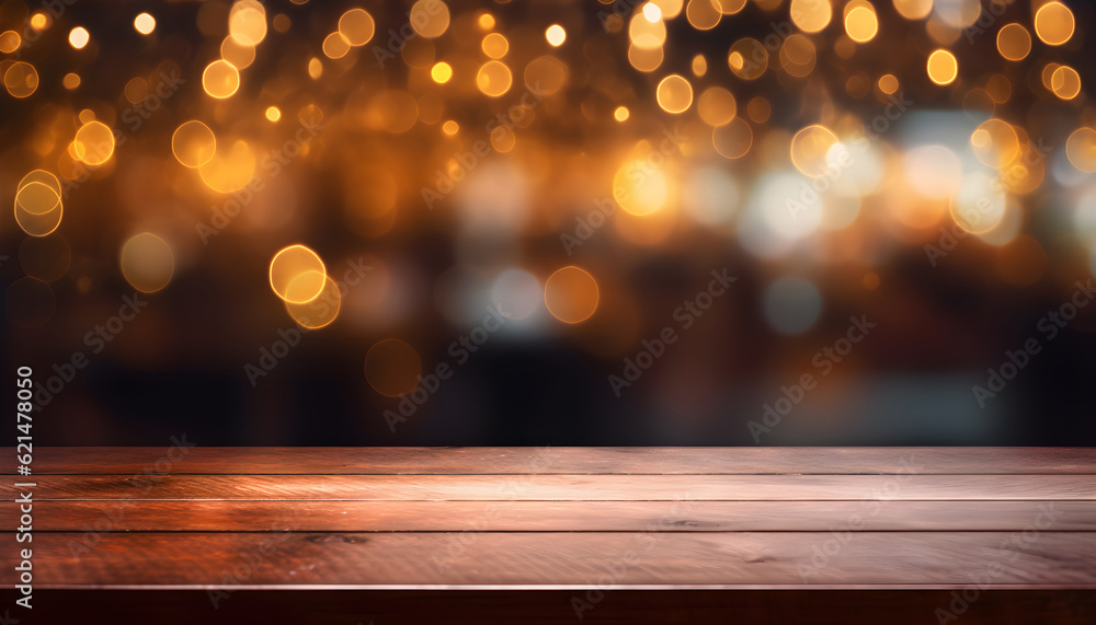 Empty wooden table platform and bokeh blurred lights background. Ideal for product display. Generative AI. Empty wooden table platform and bokeh blurred lights background. Ideal for product display. Generative AI.