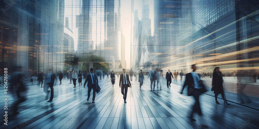 Fast Paced and Blurred business people walking in the motion blur effect cityscape.  Generative AI.