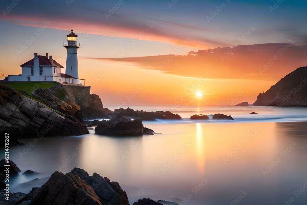 lighthouse at sunset generated by AI tool