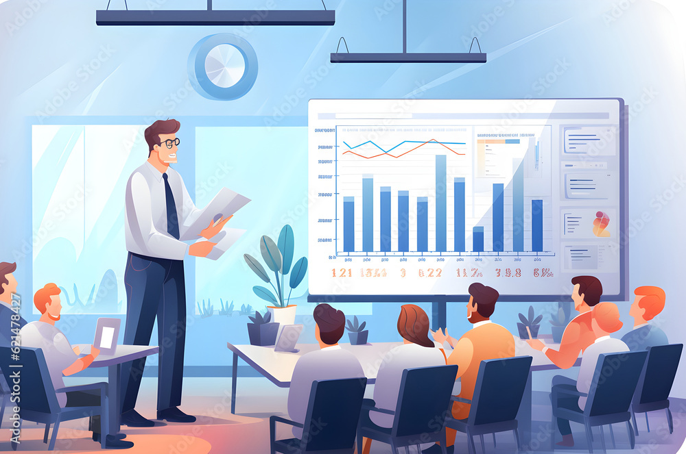 An illustration that captures the dynamics and energy of a successful sales presentation during a business people meeting. Generative AI.