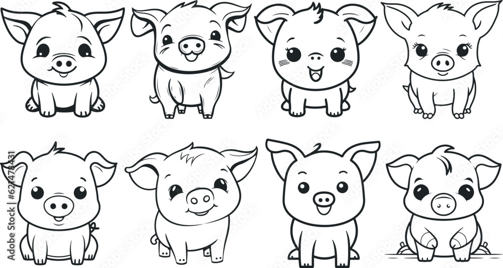 Cute pig hand drawing cartoon set Isolated black silhouette pig on white background. Cheerful pig. Funny pigs vector Cute pig hand drawing cartoon set Isolated black silhouette pig on white background. Cheerful pig. Funny pigs vector