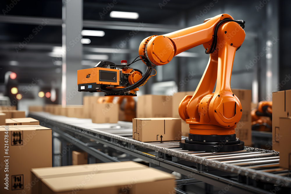 Arm Robot AI manufactures Box product Objects for manufacturing industry technology. Ai robotics and automation with sunset concept. Generative AI. Arm Robot AI manufactures Box product Objects for manufacturing industry technology. Ai robotics and automation with sunset concept. Generative AI.