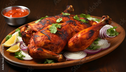 Tandoori chicken is a chicken dish prepared by roasting chicken with vegetables, Generative AI.