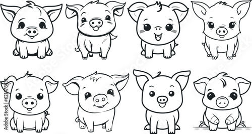 Cute pig hand drawing cartoon set Isolated black silhouette pig on white background. Cheerful pig. Funny pigs vector