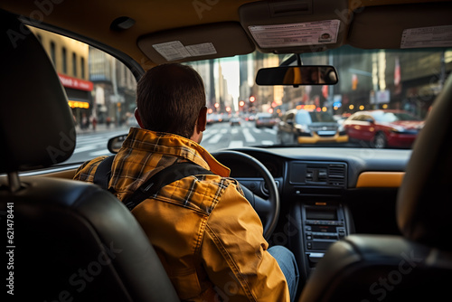Foto taxi driver in the front seat, back view. ai generative