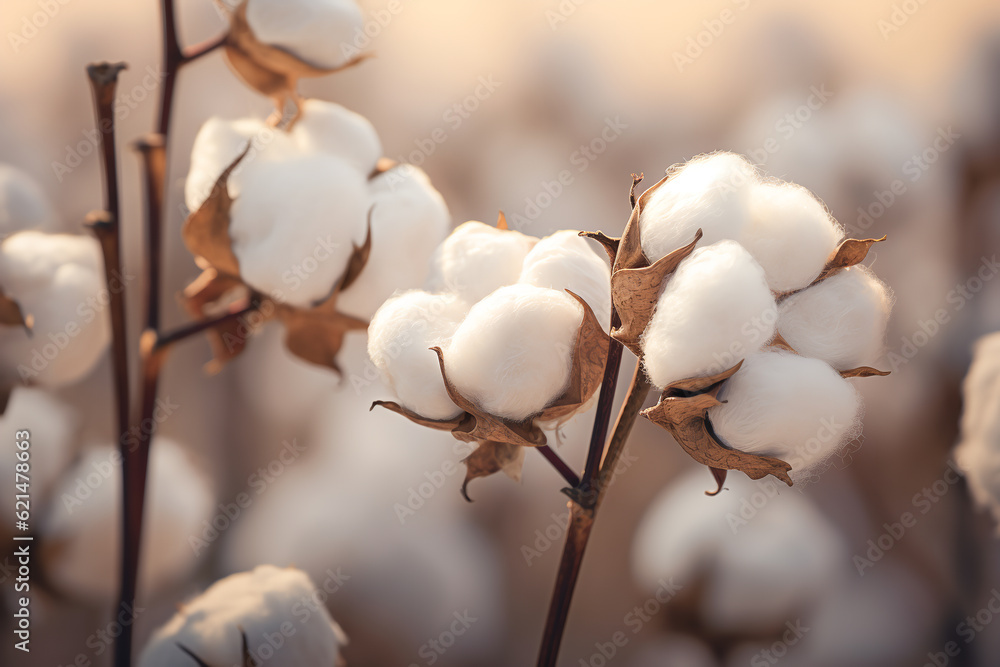 close up ripe cotton with white fiber grow on plantation. ai generative