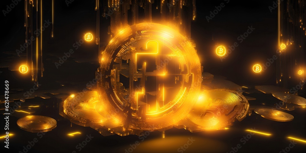 Wallpaper with abstract background and concept of digital money, golden bitcoin.