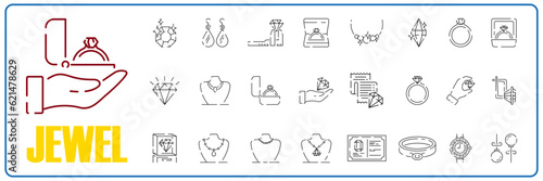Set of jewelry Related Vector Line Icons. Diamond, ring, wedding ring, bracelet, earrings, necklace, jeweler, jewel. Gold, luxury, fashion. Design and sign. Gift expensive certificate