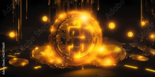 Wallpaper with abstract background and concept of digital money, golden bitcoin.