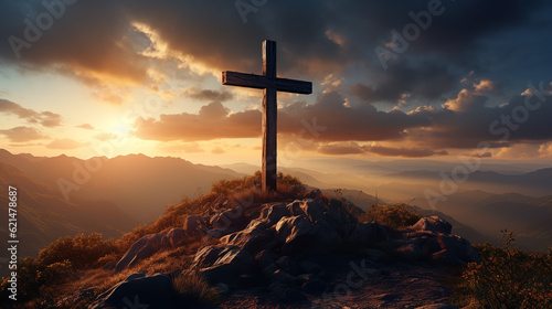 Silhouettes of crucifix symbol on top mountain with bright sunbeam on the colorful sky background.ai generative © Oleksandr