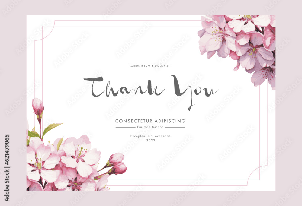 Thank you card with cherry blossoms. Vector illustration.