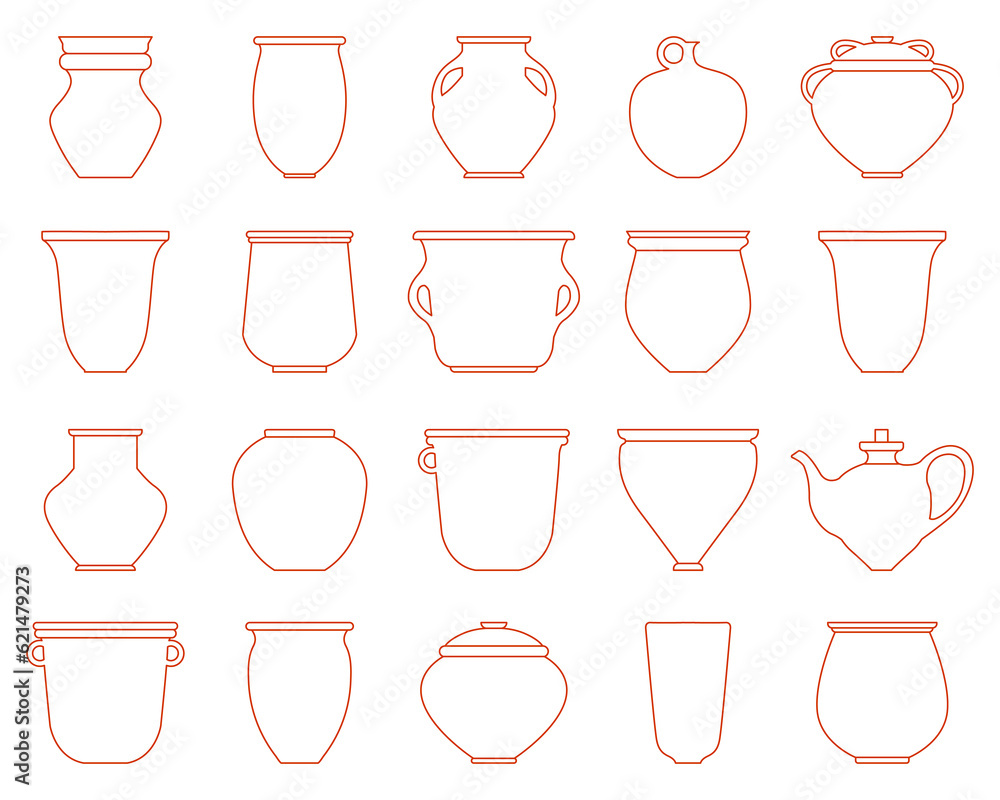 Vector pot and jug icon set. Vector contour illustration. Traditional crockery for food. Editable stroke. Old vase, ancient earthenware, craft jug, kitchen dish clay pot ceramic pottery bowl Vector pot and jug icon set. Vector contour illustration. Traditional crockery for food. Editable stroke. Old vase, ancient earthenware, craft jug, kitchen dish clay pot ceramic pottery bowl