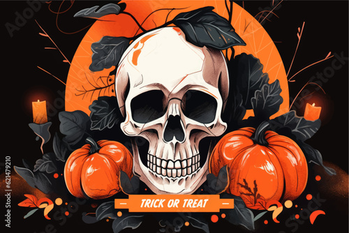 Halloween background with human skull and pumpkins. vector illustration. Generated AI