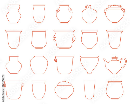 Vector pot and jug icon set. Vector contour illustration. Traditional crockery for food. Editable stroke. Old vase  ancient earthenware  craft jug  kitchen dish clay pot ceramic pottery bowl