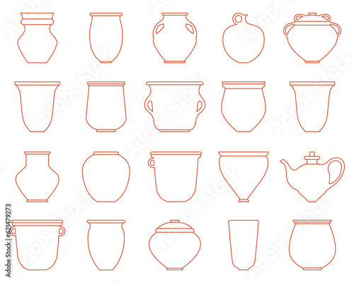 Vector pot and jug icon set. Vector contour illustration. Traditional crockery for food. Editable stroke. Old vase, ancient earthenware, craft jug, kitchen dish clay pot ceramic pottery bowl