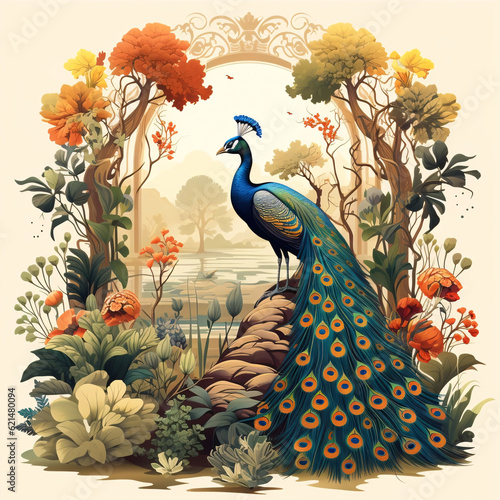 Traditional Mughal garden, arch, peacock, plant and bird illustration