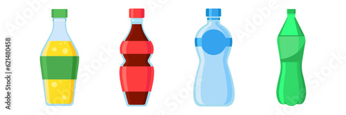 Beverages bottles, soda, lemon or orange and water. Snack vector illustration