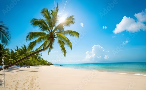 トロピカルビーチのヤシの木に太陽の陽の光が注ぎ、青い空青い海がとてもきれいです。