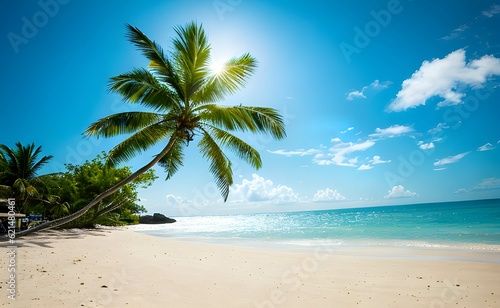 トロピカルビーチのヤシの木に太陽の陽の光が注ぎ、青い空青い海がとてもきれいです。 © sky studio