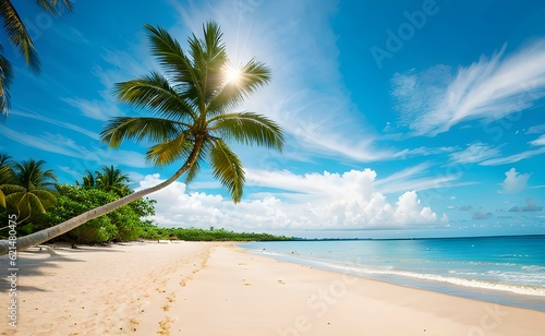 トロピカルビーチのヤシの木に太陽の陽の光が注ぎ、青い空青い海がとてもきれいです。