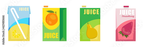 Realistic mockup of pack and box of orange juice. Set of cardboard boxes and packaging for orange juice and drinks, view from different sides. Isolated realistic vector illustration photo