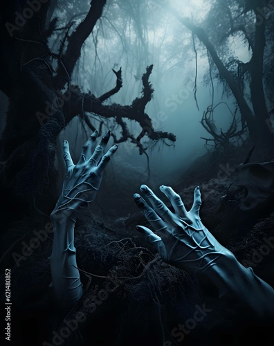 photo halloween wallpaper with zombie hand , generative AI