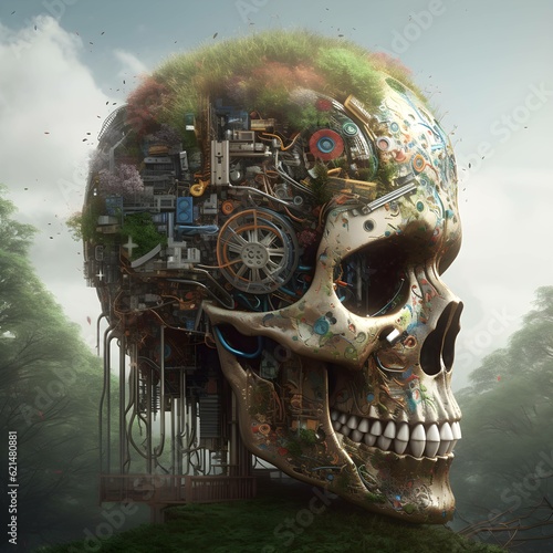 realistic side view skull with branches looking away , generative AI