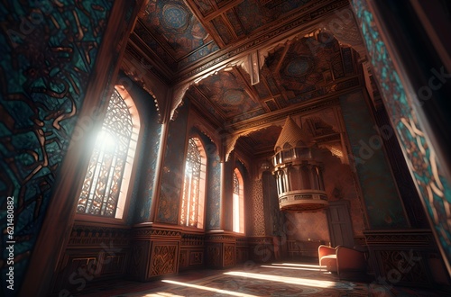 arabic architecture by sahebjabbar ali, in the style of illusory wallpaper portraits, 32k uhd, sculptural aesthetics, intricate ceiling designs, soft focus lens, colorful woodcarvings , generative AI