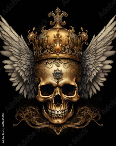 gothic skull with wings on black background generative ai