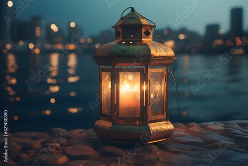 Photo a lantern with the moon in the background , generative AI