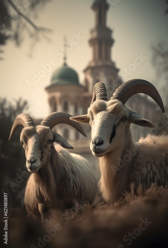 sheep and two lambs in a field eid ul adha , generative AI