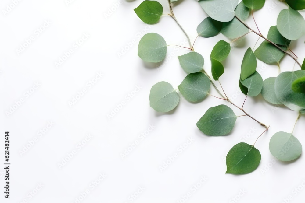 Obraz premium Eucalyptus leaves on white background. Flat lay, top view, copy space. Generative AI