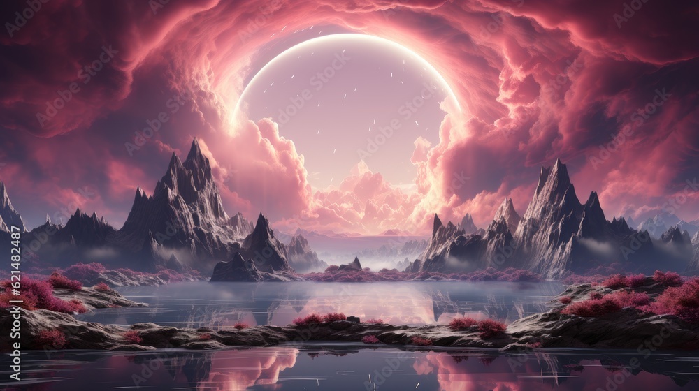 Pink cloud fantasy landscape, AI generated Image Pink cloud fantasy landscape, AI generated Image