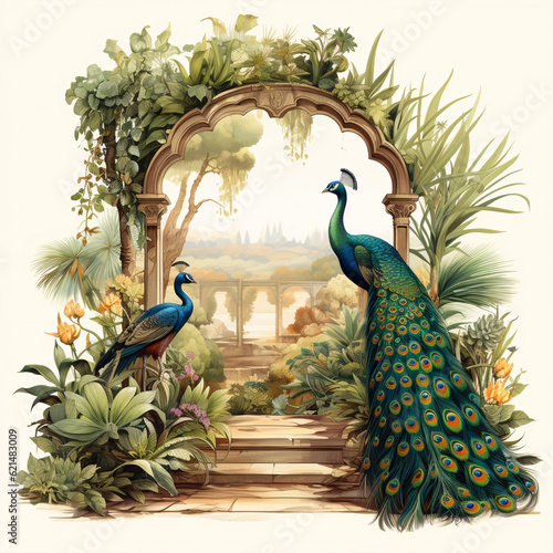 Traditional Mughal garden, arch, peacock, plant and bird illustration