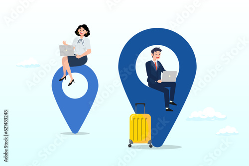Young adult man and woman working on map location pin using computer laptop, digital nomad, freedom to work anywhere by using computer with internet, work and travel freelancer, remote job (Vector)