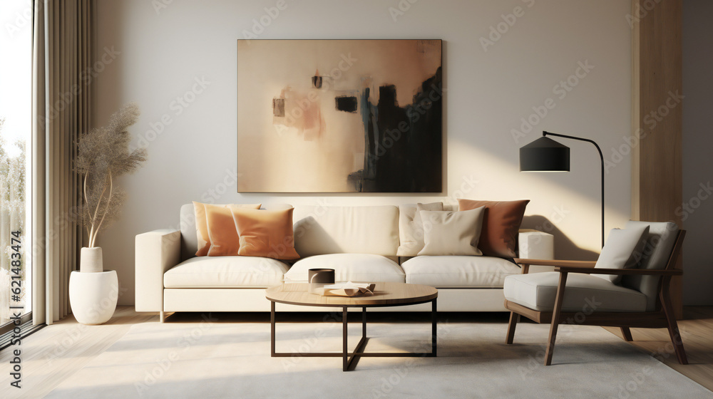 Stylish Living Room Interior with an Abstract Frame Poster, Modern Interior Design, 3D Render, 3D Illustration Stylish Living Room Interior with an Abstract Frame Poster, Modern Interior Design, 3D Render, 3D Illustration