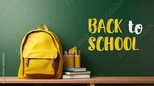 student's yellow backpack in front of green chalkboard with "Back to school" text on it