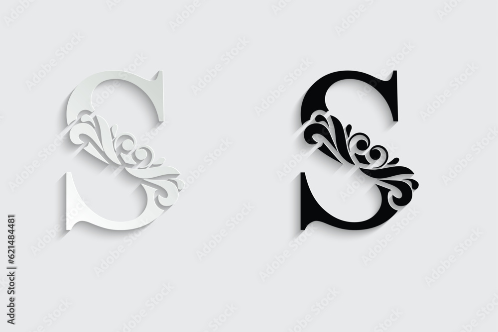 letter S. Black flower alphabet. Beautiful capital letters with shadow	
