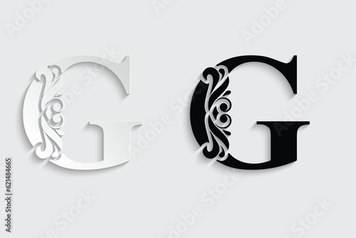 letter G. Black flower alphabet. Beautiful capital letters with shadow	
