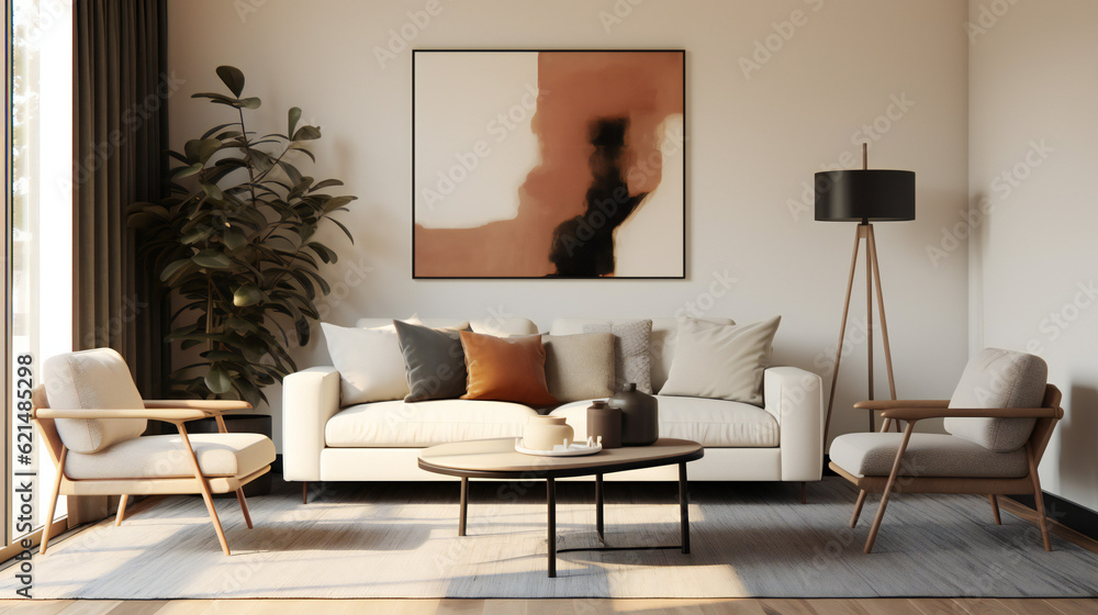 Stylish Living Room Interior with an Abstract Frame Poster, Modern Interior Design, 3D Render, 3D Illustration Stylish Living Room Interior with an Abstract Frame Poster, Modern Interior Design, 3D Render, 3D Illustration