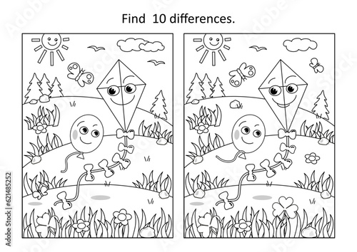 Difference game and coloring page activity with kite and balloon friends flying outdoor
