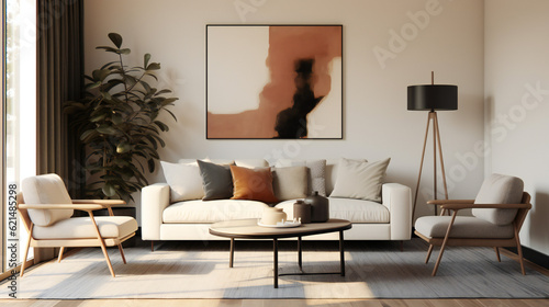 Stylish Living Room Interior with an Abstract Frame Poster, Modern Interior Design, 3D Render, 3D Illustration © Roman P.