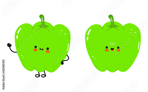 Green pepper character. Vector hand drawn cartoon kawaii character illustration icon. Isolated on white background. Green pepper character concept