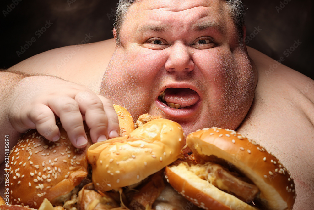 Close-up disgusting portrait of very fat man eating. Obese young man eating hamburger. Mouth close-up. The concept of obesity and overeating. Close-up disgusting portrait of very fat man eating. Obese young man eating hamburger. Mouth close-up. The concept of obesity and overeating.