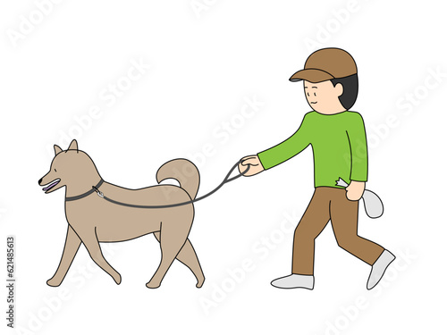 柴犬を散歩する男性のイラスト