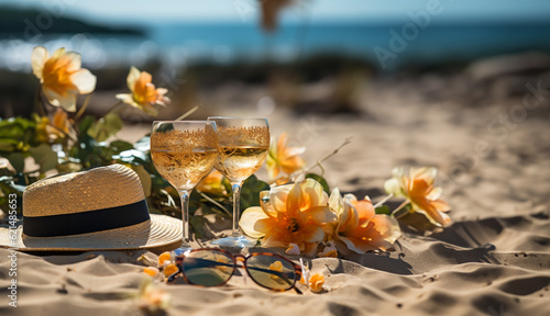 flowers and hat on the beach