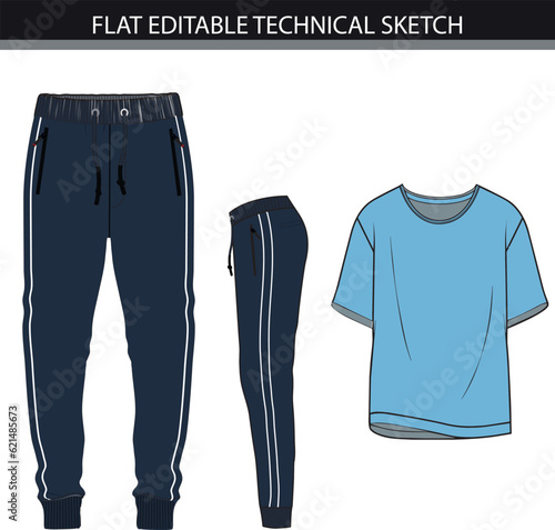 Set of sportswear vector illustrations. Drop shoulder T-shirt and jogger pants flat sketch