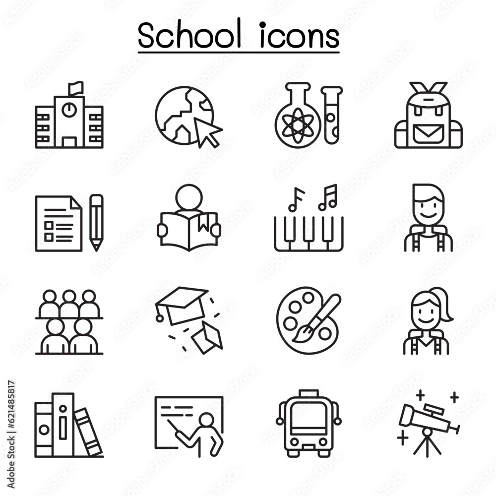 school icon set in thin line style school icon set in thin line style