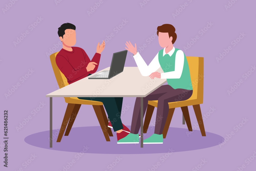 Cartoon flat style drawing male interviewing famous person in studio for tv show. Concept of television or internet broadcast with journalist talking to celebrity. Graphic design vector illustration