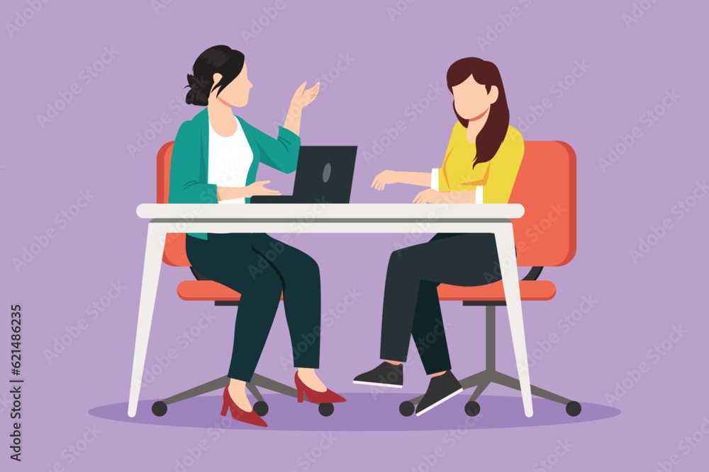 Cartoon flat style drawing TV show with pretty girl guest. Female celebrity giving interview to television presenter in studio, journalist asking famous woman host. Graphic design vector illustration